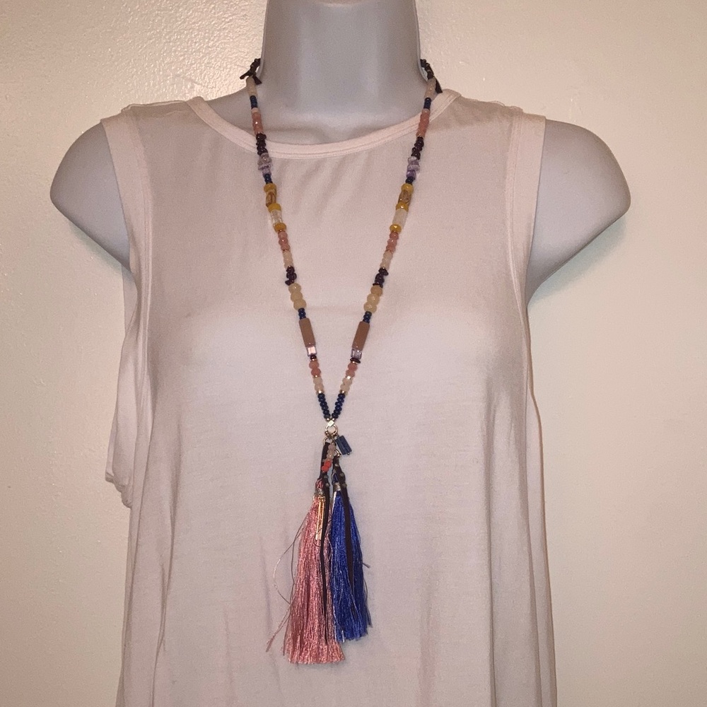 Nakamol Tassel Statement Necklace Semi-precious stones Beads Leather NWOT